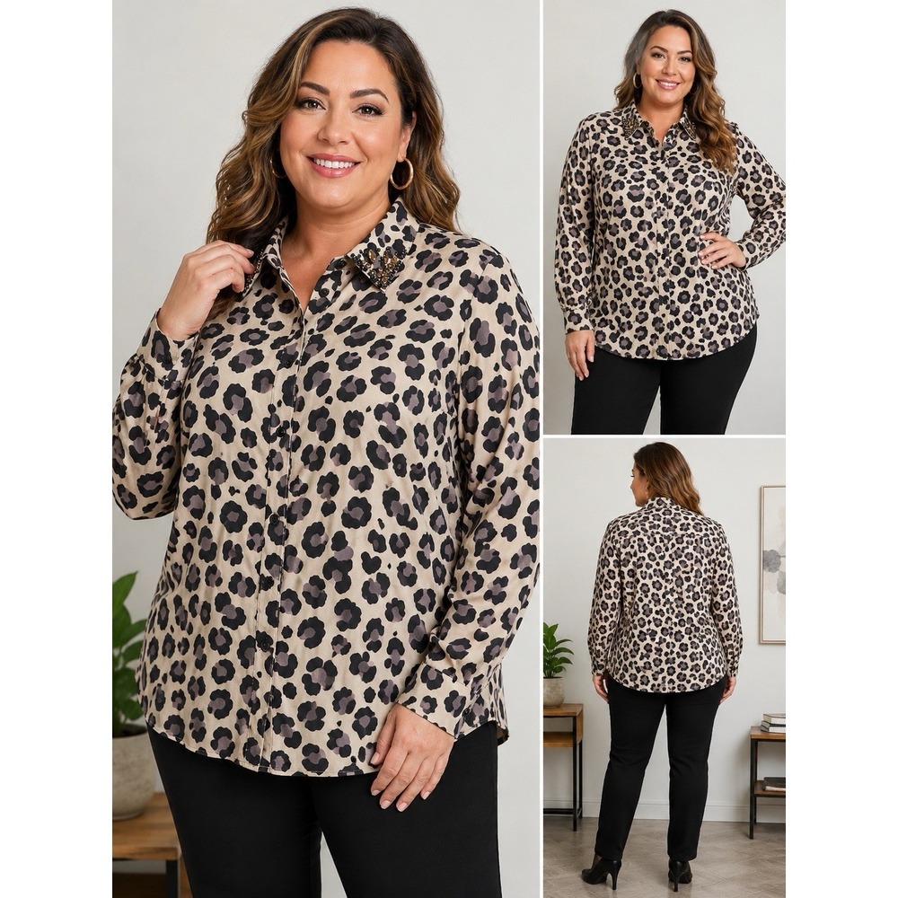 Lane Bryant Leopard Print Button Front Shirt Jeweled Collar Women's Size 18 - Picture 8 of 8